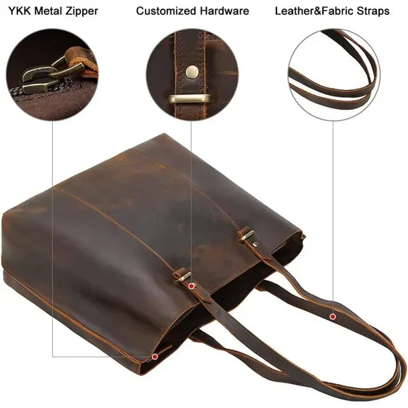 Vintage Full Grain Leather Tote Bag for Women Business Work Satchel